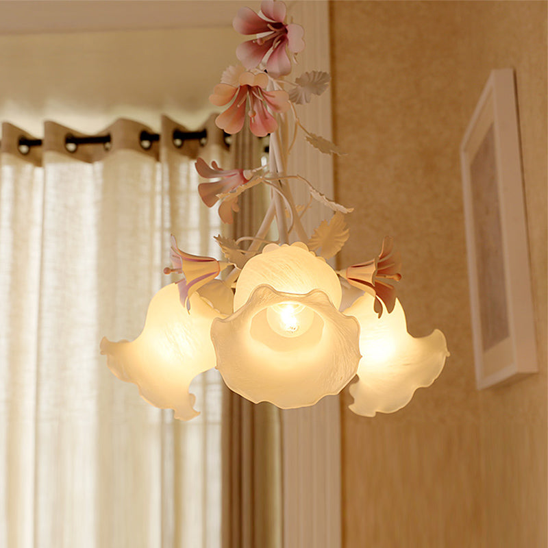 Pink 3 Lights Down Lighting Pastoral White Glass Flower Chandelier Light Fixture for Living Room