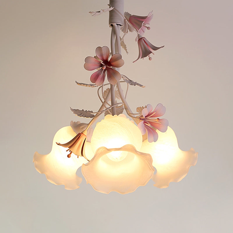 Pink 3 Lights Down Lighting Pastoral White Glass Flower Chandelier Light Fixture for Living Room