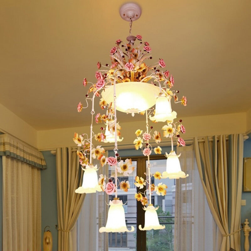 Roseweißglas Deckenlampe Romantische Pastoral 10 Lampen Foyer Kronleuchter Beleuchtung