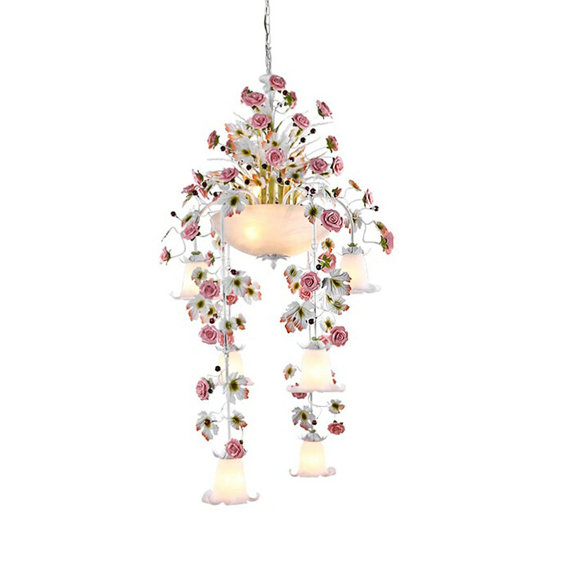 Roseweißglas Deckenlampe Romantische Pastoral 10 Lampen Foyer Kronleuchter Beleuchtung