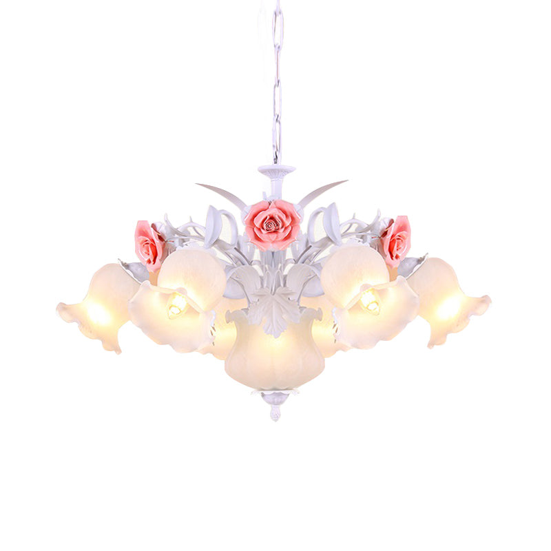 Pink 8 Bulbs Hanging Chandelier Romantic Pastoral White Glass Rose Suspension Pendant