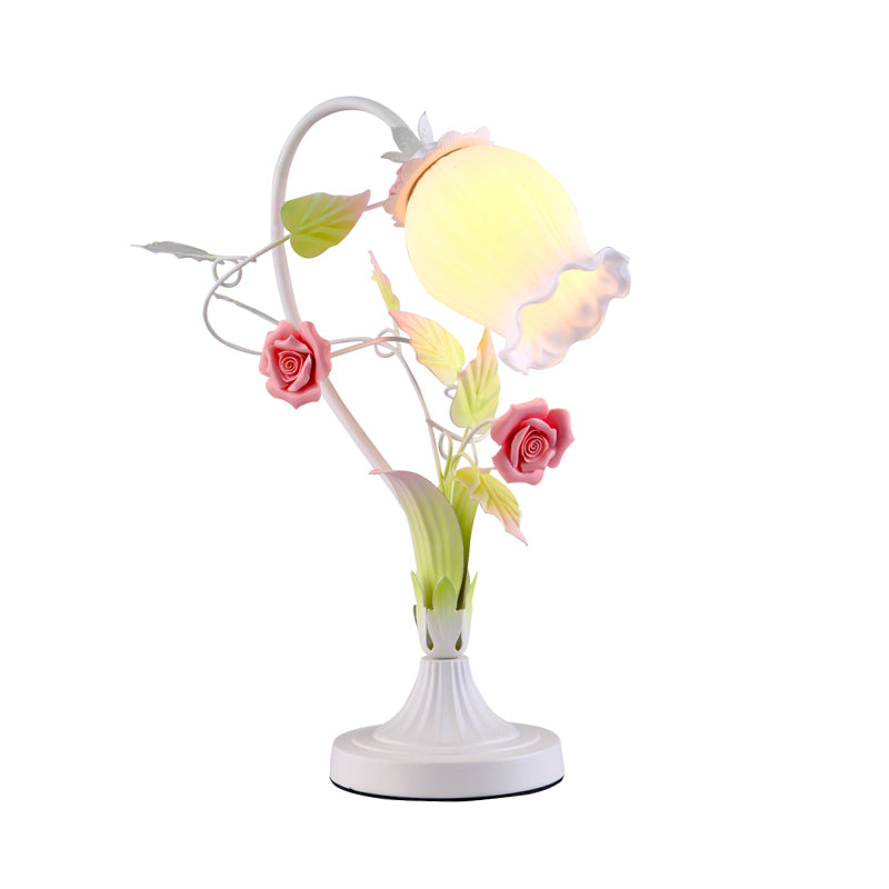 Scalloped Opal Glass Table Light Romantic Pastoral 1 Head Bedroom Night Lamp with Rose in Pink/Blue/White