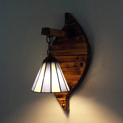 Cone Shape Wall Light Retro Style Colorful Stained Glass 1 Light Wall Sconce Lamp Fixture in White/Light Blue/Light Blue-White/Orange-Red/Yellow/White for Balcony