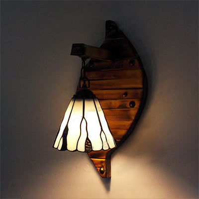 Cone Shape Wall Light Retro Style Colorful Stained Glass 1 Light Wall Sconce Lamp Fixture in White/Light Blue/Light Blue-White/Orange-Red/Yellow/White for Balcony