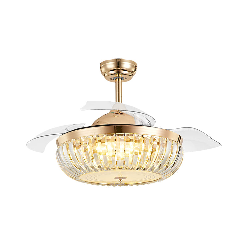 19.5" Width 4 Blades LED Crystal Semi Flush Minimalist Gold Bowl up Living Room Hanging Fan Lighting