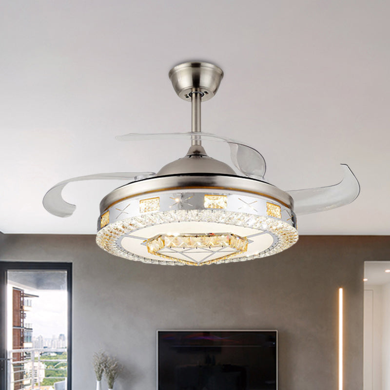 Silver 4 Blades Pendant Fan Lamp Minimalist Crystal Heart/Diamond Semi Mount Lighting, 19.5" Width