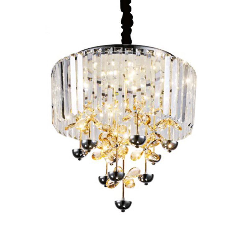 Strip Crystal LED Hanging Chandelier Contemporary Clear Drum Living Room Drop Lamp with Inner Flower Branch Decor