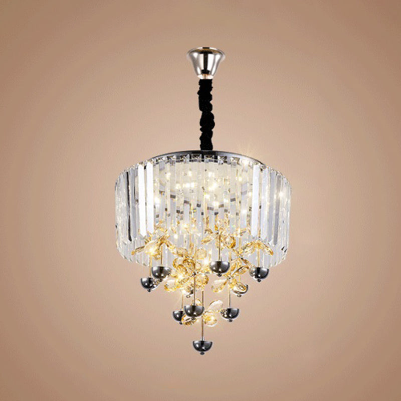 Strip Crystal LED Hanging Chandelier Contemporary Clear Drum Living Room Drop Lamp with Inner Flower Branch Decor