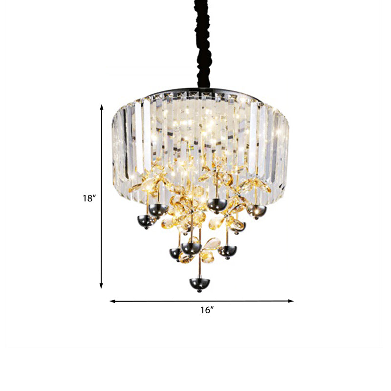 Strip Crystal LED Hanging Chandelier Contemporary Clear Drum Living Room Drop Lamp with Inner Flower Branch Decor