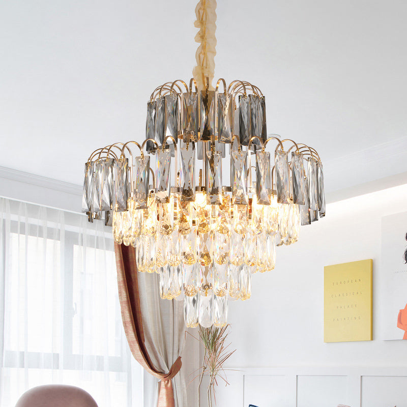 10-licht gelaagde taps toelopende hanglamp postmodern heldere afgeschuinde kristal kroonluchter verlichting