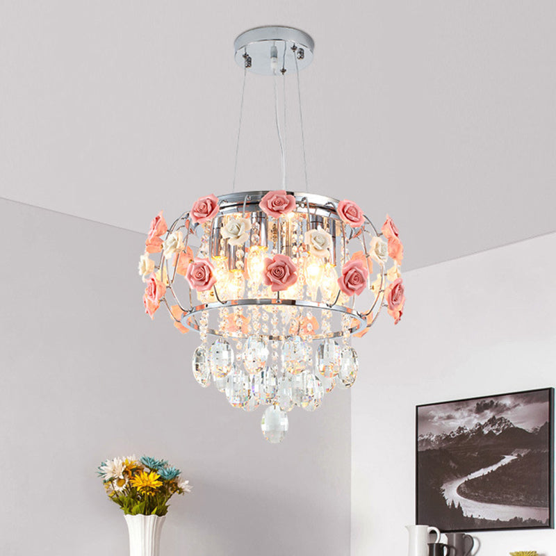 Lampadario a sospensione a sospensione a sospensione per tamburi cromati in metallo moderno 6 lampadine da pranzo lampada a sospensione con rosa rosa e drappeggio cristallino