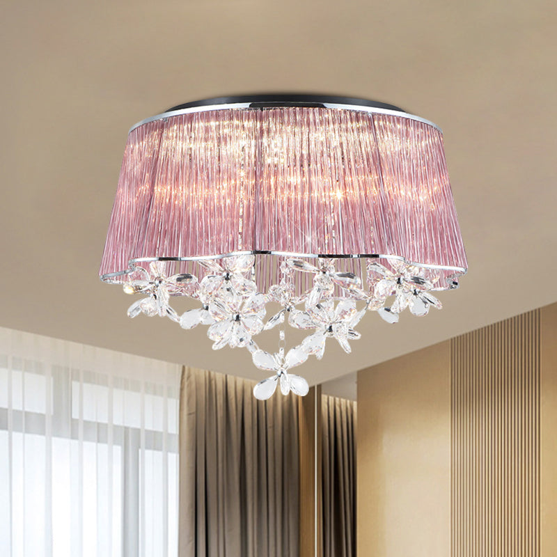 Crystal Rods Pink Ceiling Lamp Scalloped Drum Shade 3-Light Modernist Flush Mount Light with Flower Drops