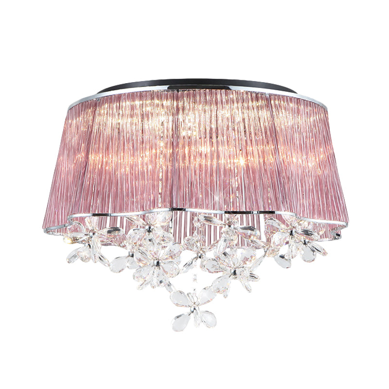 Crystal Rods Pink Ceiling Lamp Scalloped Drum Shade 3-Light Modernist Flush Mount Light mit Blume Tropfen