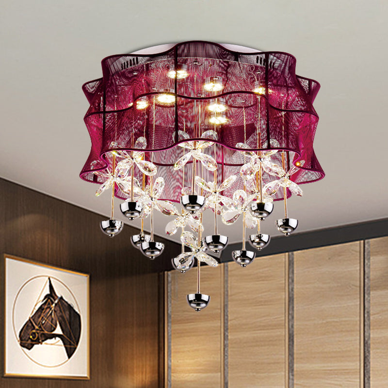 Red Drum Flushmount Lampe Romantisch Modernes Stoff-Schlafzimmer LED Deckenleuchte mit Dangling Crystals