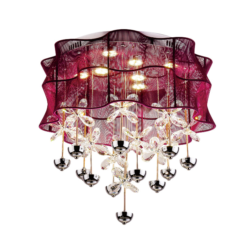 Red Drum Flushmount Lampe Romantisch Modernes Stoff-Schlafzimmer LED Deckenleuchte mit Dangling Crystals