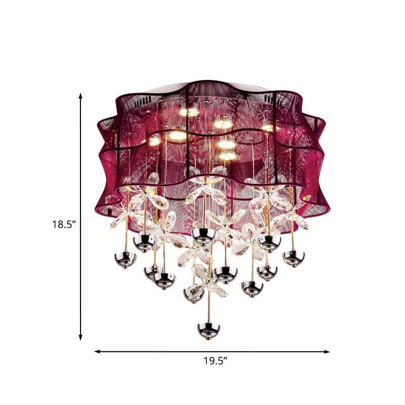 Red Drum Flushmount Lampe Romantisch Modernes Stoff-Schlafzimmer LED Deckenleuchte mit Dangling Crystals