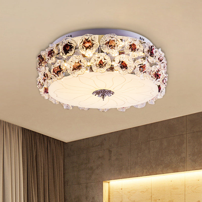 Crystal Purple/White LED Flush Light Floweret-Embellished Drum Modern Close to Ceiling Lamp