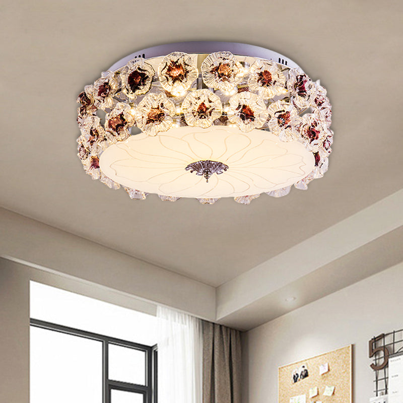 Cristallo Viola/Bianco LED Flush Light Floweret-Embellished Drum Moderno Vicino alla lampada da soffitto
