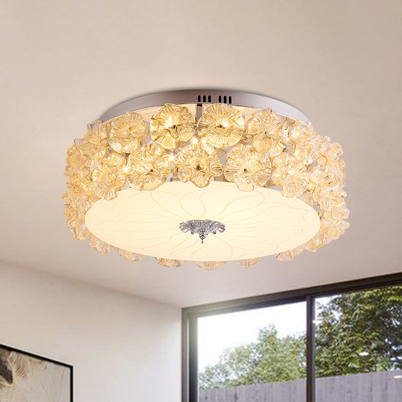 Crystal Purple/White LED Flush Light Floweret-Embellished Drum Modern Close to Ceiling Lamp
