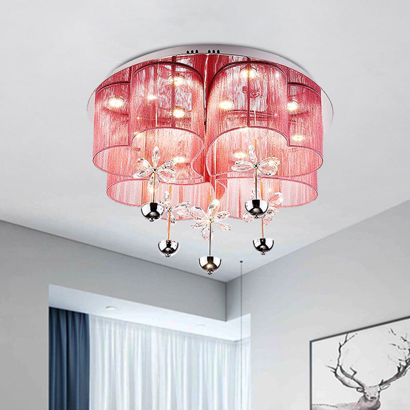Pink/Gold Clover Flush Light Fixture Modern Romantic Fabric Parlor LED Ceiling Light with Crystal Flowers