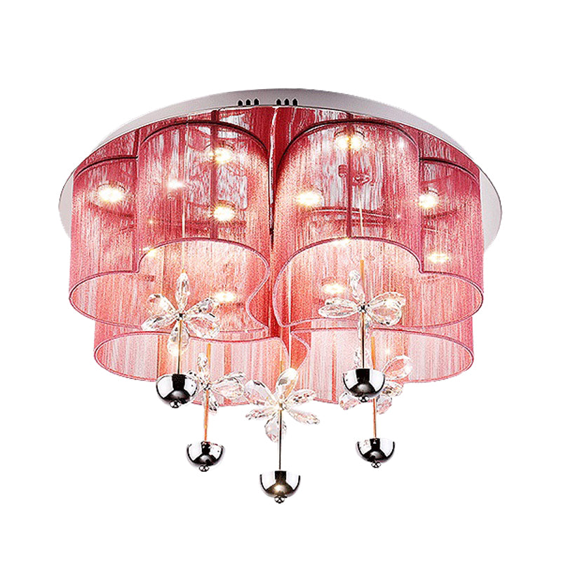 Pink/Gold Clover Flush Light Fixture Modern Romantic Fabric Parlor LED Ceiling Light with Crystal Flowers