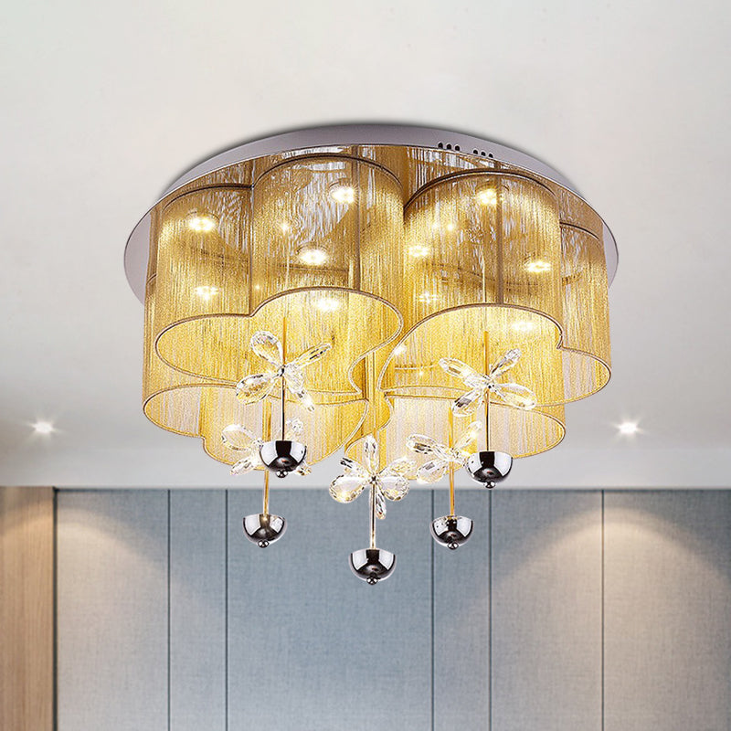 Rosa/goldfarbene Kleeblatt-Einbauleuchte, moderne, romantische LED-Deckenleuchte aus Stoff mit Kristallblumen