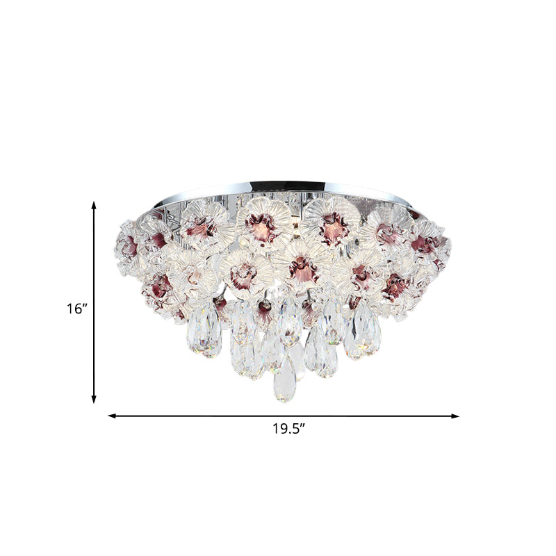 3 Lights Flushmount Lighting Contemporary Blooming Clear Crystal Flower Ceiling Lamp for Living Room