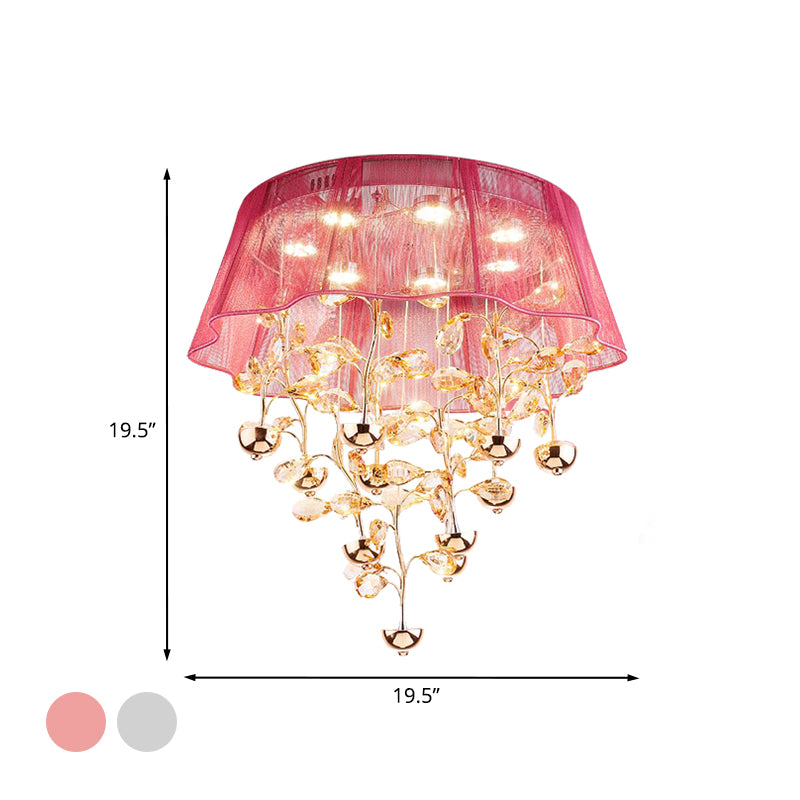 Silver/Pink Scalloped Ceiling Flush Modernist Fabric Bedroom LED Flush Mounted Lamp with Crystal Tree Design