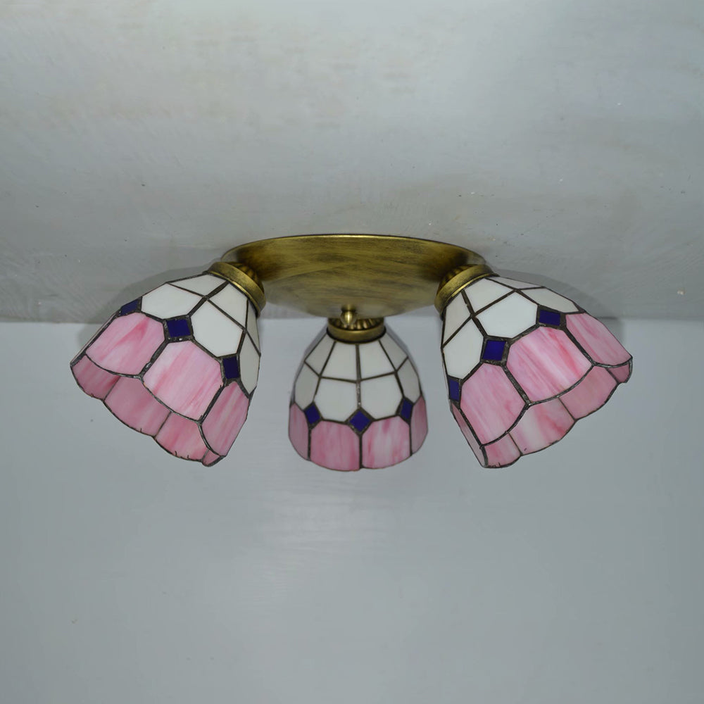 Tiffany Dome Ceiling Fixture Stained Glass 3 Lights Flush Mount Ceiling Light in Pink/Yellow/Orange/Sky Blue/Dark Blue for Dining Room