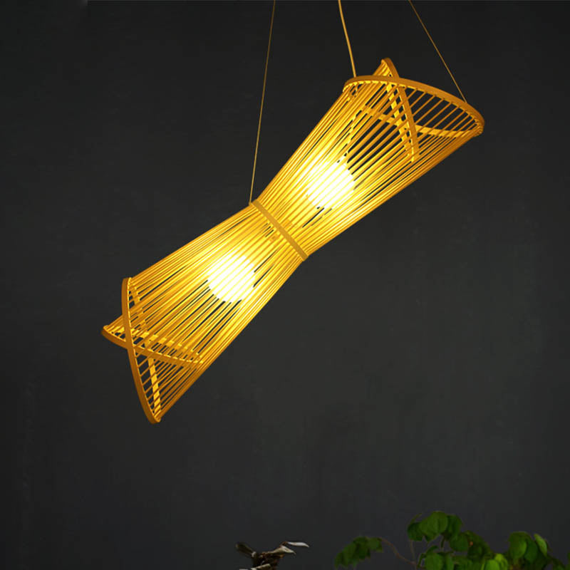 Bamboo Laser Cut Pendant lustre Asian Style 2 Heads Beige Suspension Lampe pour restaurant