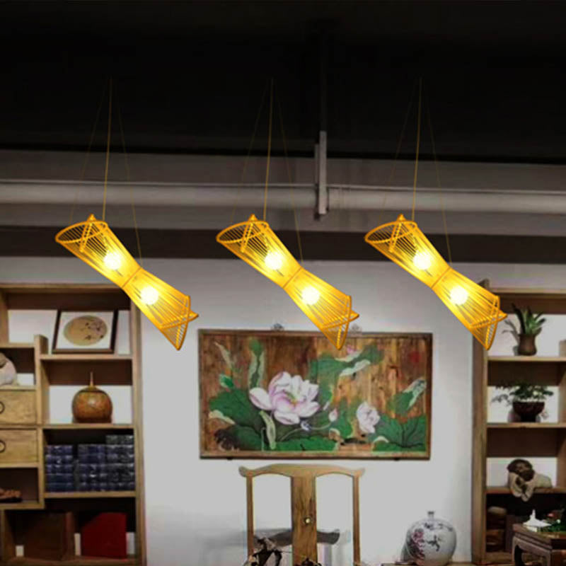 Bamboo Laser Cut Pendant Chandelier Asian Style 2 Heads Beige Suspension Lamp for Restaurant