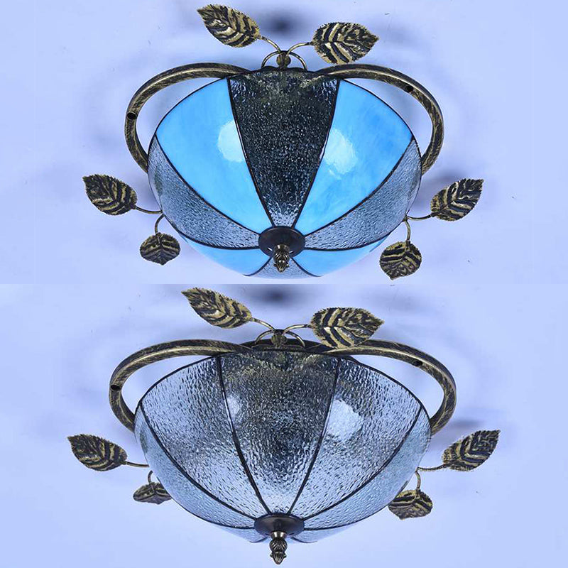 Retro Style Bowl-Shaped Ceiling Light Fixture Stained Glass 3 Bulbs Flushmount Ceiling Light in White/Blue/Clear/Blue-Clear/Green-White/Dark Blue