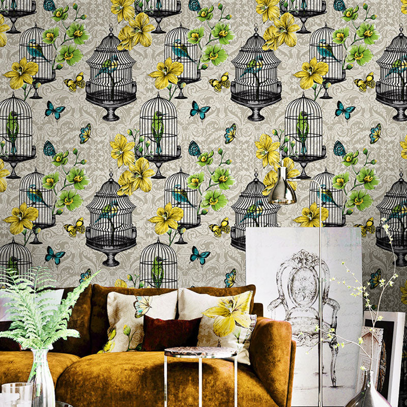 Multicolored Vintage Wall Decor Bird Cage and Flower Wallpaper, Non-Pasted
