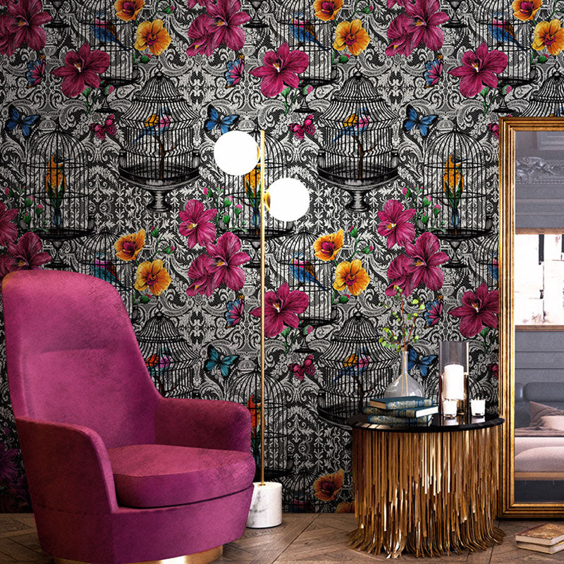 Multicolored Vintage Wall Decor Bird Cage and Flower Wallpaper, Non-Pasted