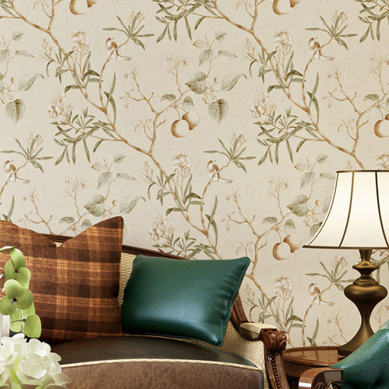 Plaster Wallpaper Roll with Beige and Green Apple Tree Design, 33'L x 20.5"W