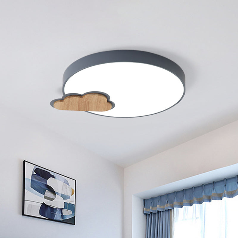 Grey/Green Finish Circle Flush Lamp Macaron LED Acrylic Flush Mount Ceiling Light with Cloud Wood Detail, White/Warm Light