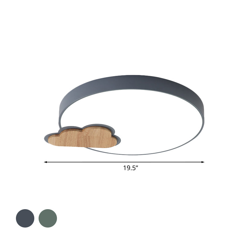 Grey/Green Finish Circle Flush Lamp Macaron LED Acrylic Flush Mount Ceiling Light with Cloud Wood Detail, White/Warm Light