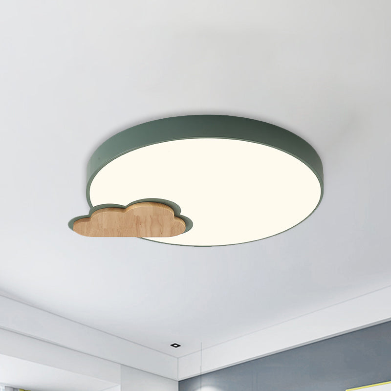 Grey/Green Finish Circle Flush Lamp Macaron LED Acrylic Flush Mount Ceiling Light with Cloud Wood Detail, White/Warm Light