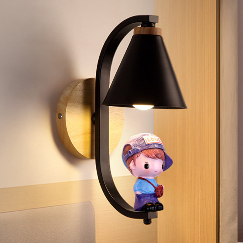 Cone Shade Wall Lighting Nordic Metal 1 Light Black/White Finish Wall Mount Lamp with Boy Deco
