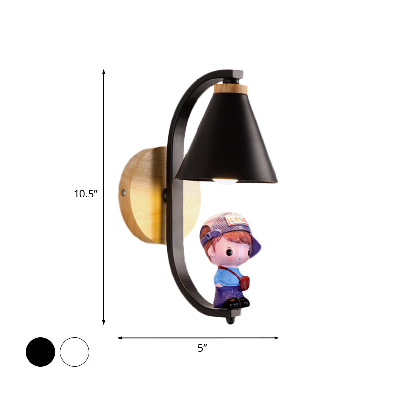 Cone Shade Wall Lighting Nordic Metal 1 Light Black/White Finish Wall Mount Lamp with Boy Deco