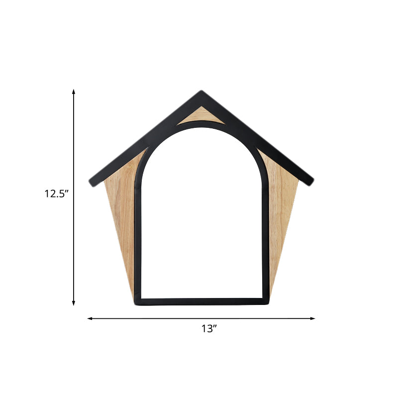 House Shape Metal Sconce Light Fixture Nordic Style Wood and Black LED Wall Lighting Idea