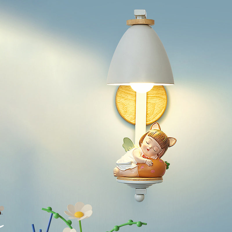 Sleeping Boy/Girl Wall Lighting Idea Nordic Resin 1 Bulb Bedside Wall Mounted Lamp with Bell Shade in White