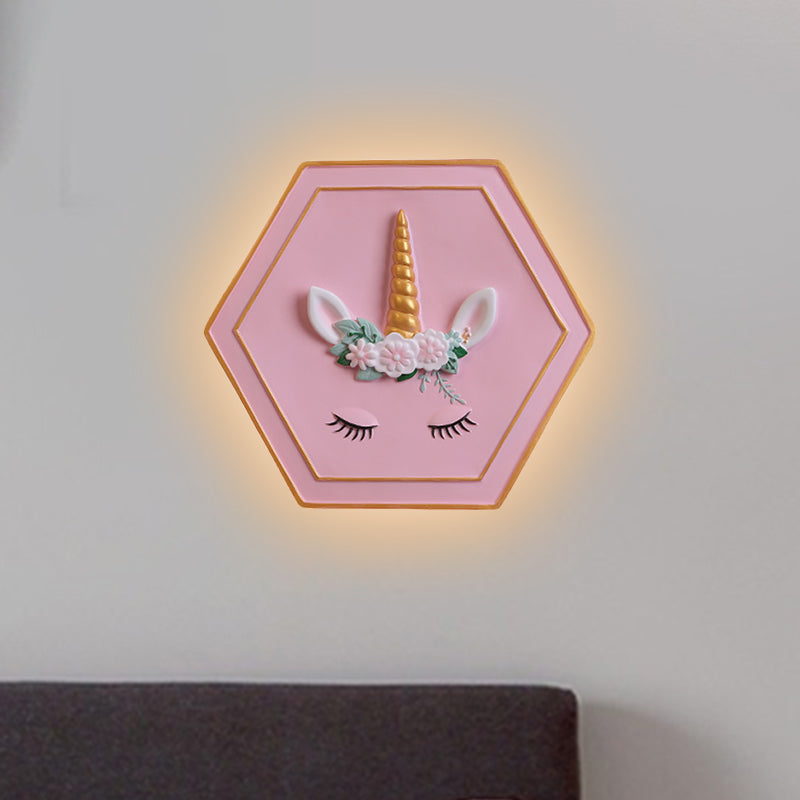 Pink Unicorn Sconce Lighting with Hexagon Design Cartoon LED Resin Pull-Chain Wall Lamp
