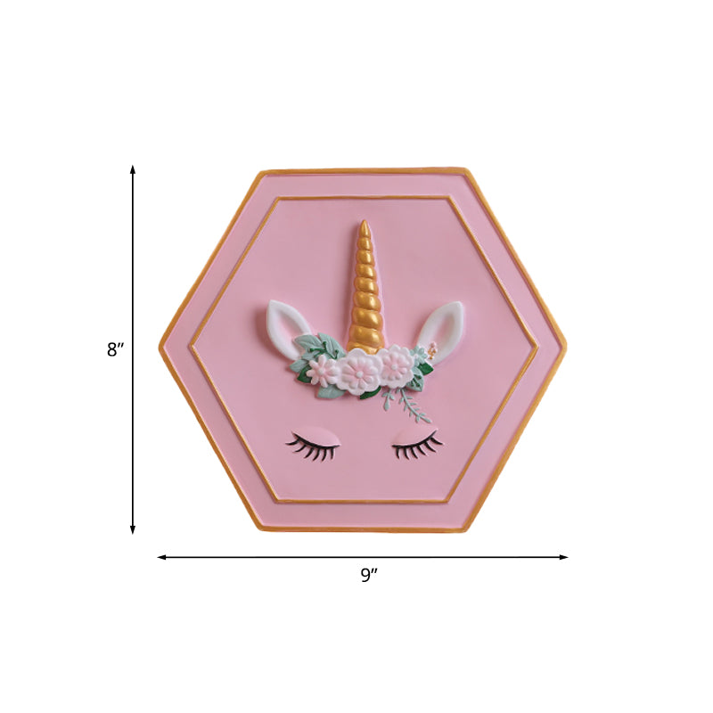Pink Unicorn Sconce Lighting with Hexagon Design Cartoon LED Resin Pull-Chain Wall Lamp