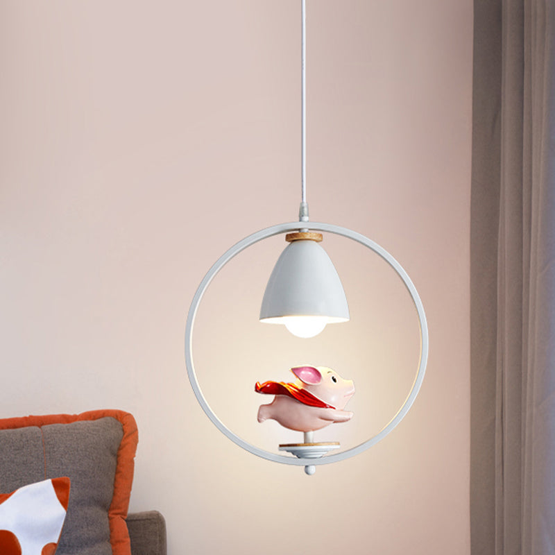 Iron Bell and Ring Hanging Light Kit Nordic 1 Head White Finish Pendulum Lamp with Pig/Girl/Boy Deco