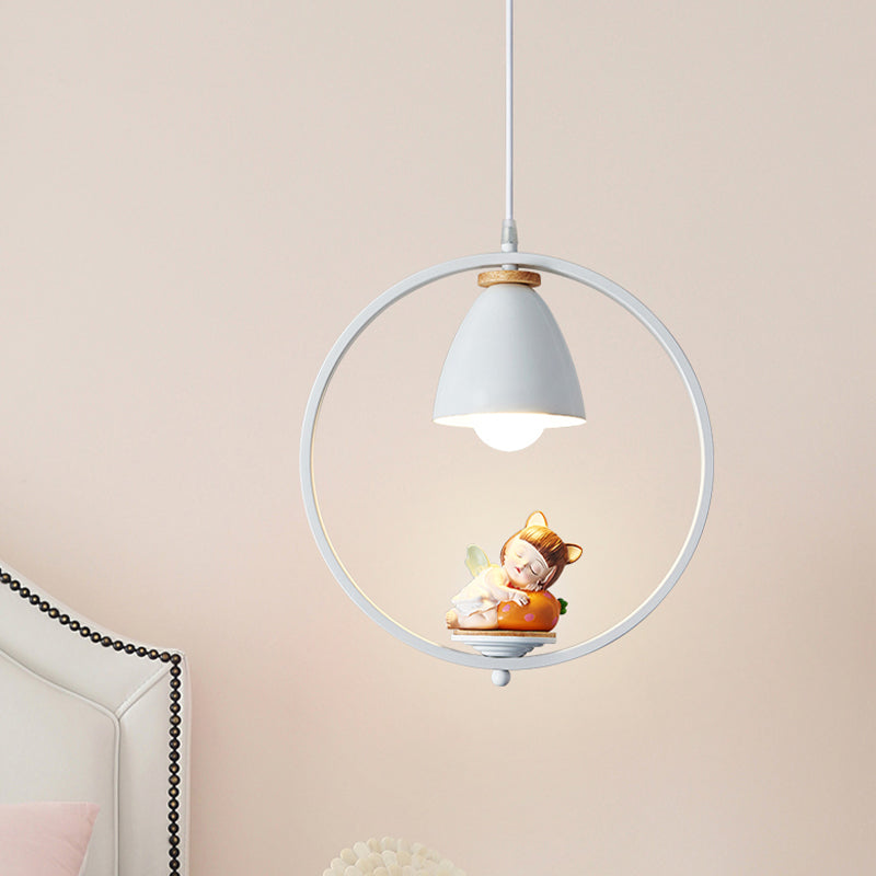 Iron Bell and Ring Hanging Light Kit Nordic 1 Head White Finish Pendulum Lamp with Pig/Girl/Boy Deco