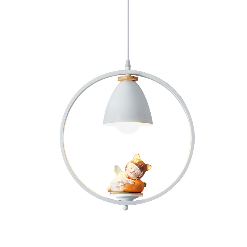 Iron Bell and Ring Hanging Light Kit Nordic 1 Head White Finish Pendulum Lamp with Pig/Girl/Boy Deco