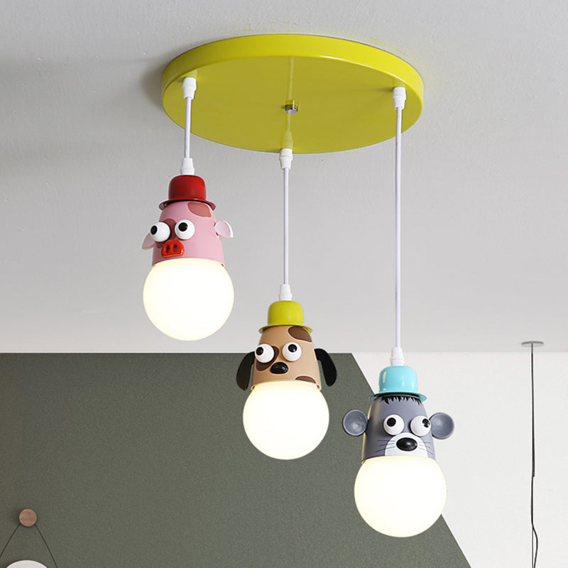 Cartoontiere Multi -Licht -Anhänger Metallic 3 Köpfe Kinderzimmer Hanging Deckenlampe in Gelb und Grün