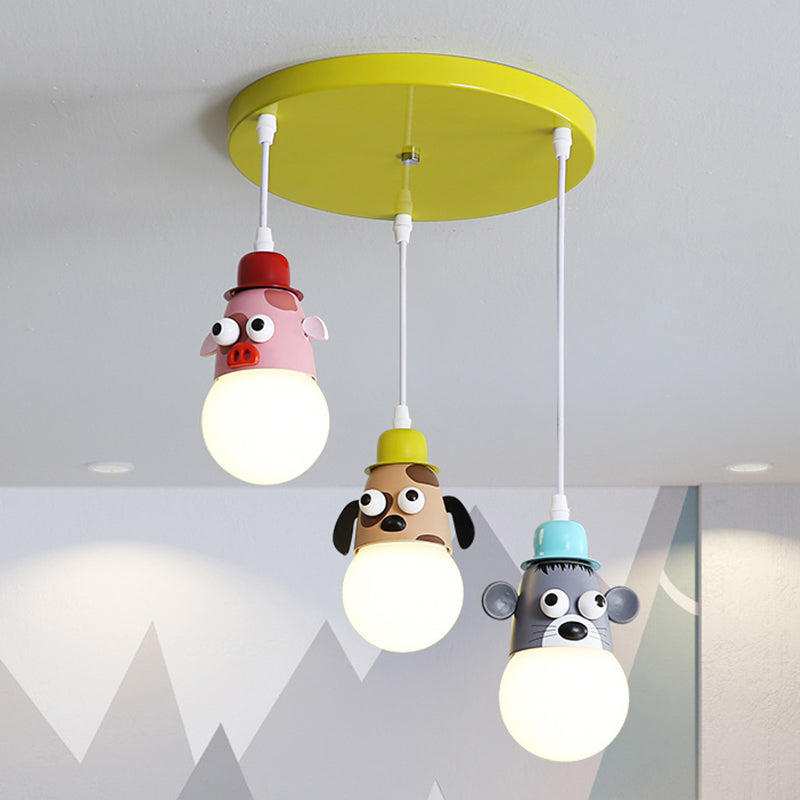 Cartoon Animals Multi Light Pendant Metallic 3 Heads Kids Room Hanging Ceiling Lamp in Yellow and Green