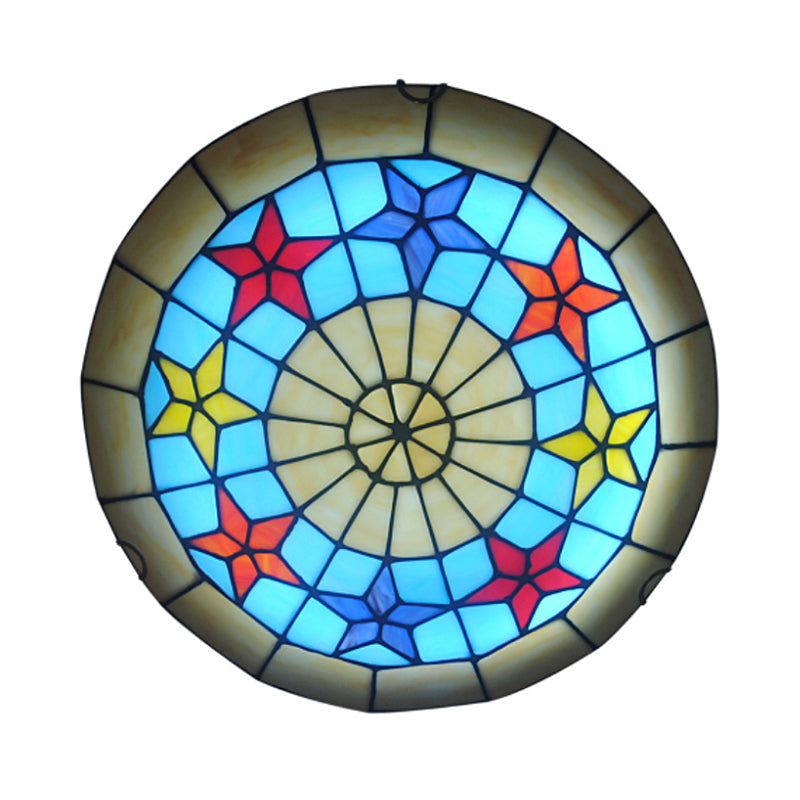 12"/16" W Round Ceiling Light Retro Style Stained Glass 1 Bulb Ceiling Light Fixture with Star Pattern in Ginger